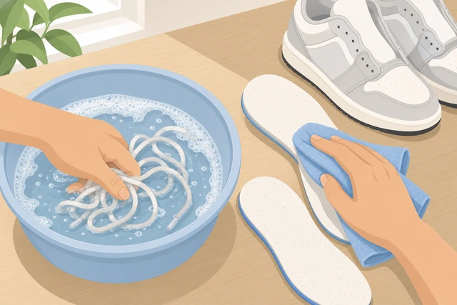 Illustration: washing sneaker laces in soapy water and wiping removable insoles