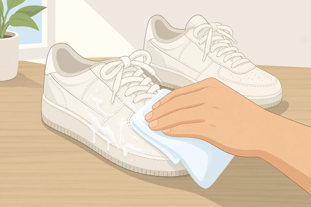 Illustration: wiping soap residue from sneakers with a clean damp cloth