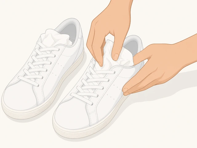 Illustration: stuffing sneakers with paper towels to hold shape while drying
