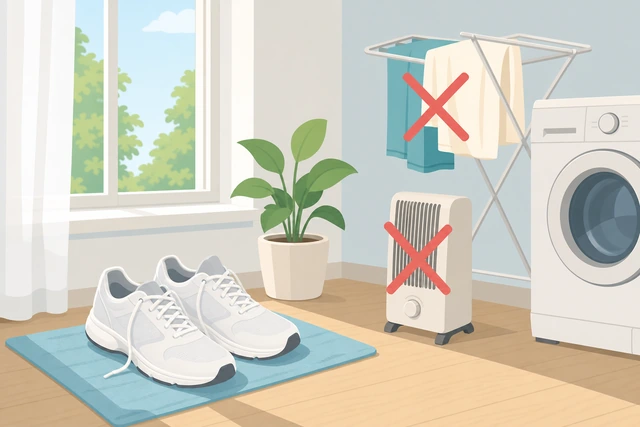 Illustration: sneakers air-drying at room temperature away from heater and sun
