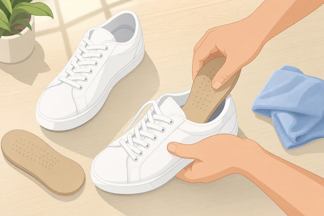Illustration: replacing dry insoles and laces in cleaned sneakers