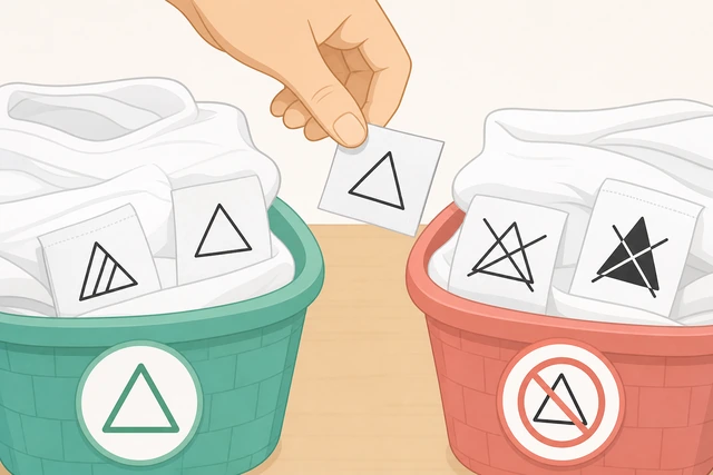 Illustration: a delicate white garment with a do-not-bleach label being separated into its own load