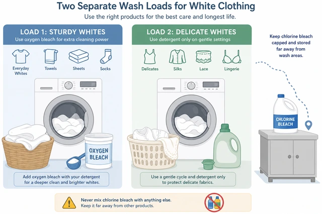 Illustration: delicate white garment washing gently in cool water, brightened with a vinegar rinse instead of bleach