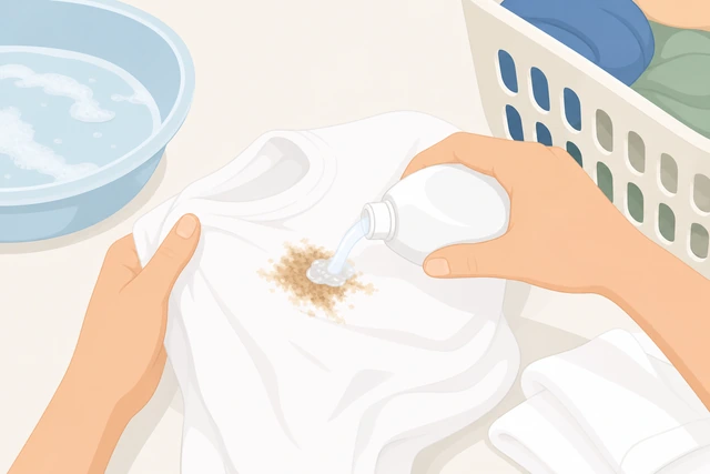 Illustration: a still-visible stain on white fabric being examined to identify its type before retreating