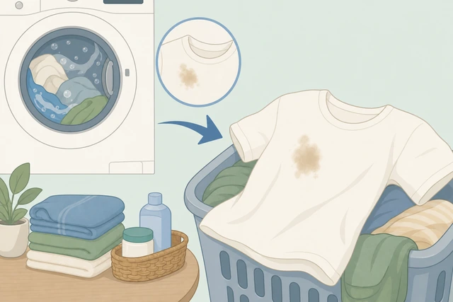Illustration: stain-type treatment applied and dwelling on white fabric before a targeted rewash
