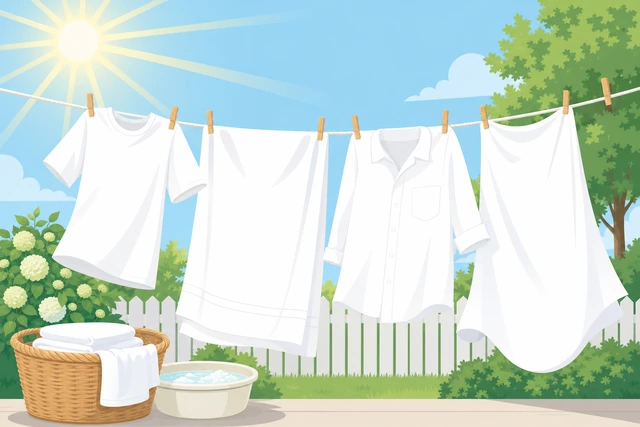 Illustration: white laundry rewashing with oxygen bleach in hot water, then line-drying in direct sunlight
