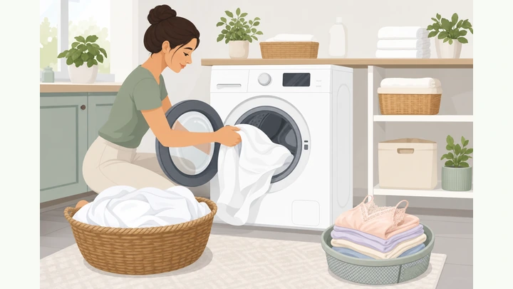 Illustration: bright white laundry being loaded into a washer, separated from a smaller no-bleach pile beside it