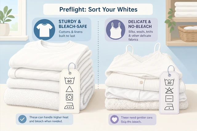 Illustration: white laundry sorted into a bleach-safe cotton pile and a smaller no-bleach delicate pile, care labels visible