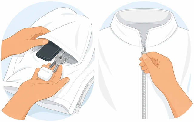 Illustration: hands emptying a pocket and closing a zipper on a white garment before washing