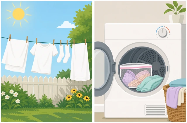 Illustration: sturdy white cottons line-drying in direct sunlight beside a dryer set on a synthetic-safe heat