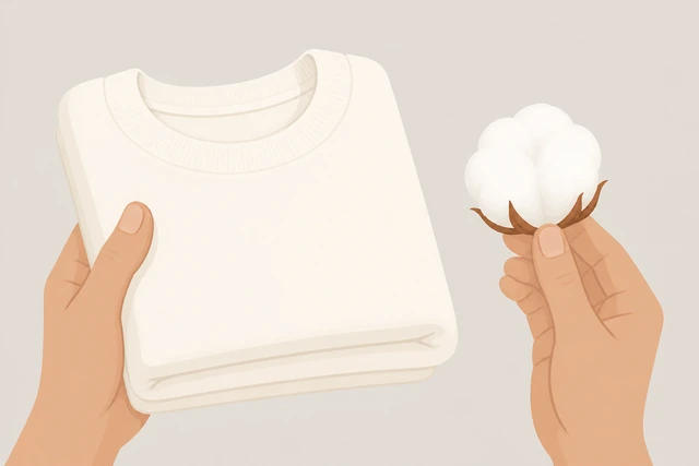 Illustration: warm folded white garment held up beside a fresh cotton ball for a brightness comparison check