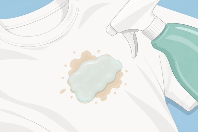 Illustration: stain paste being applied directly onto a visible stain on a white garment, left to dwell