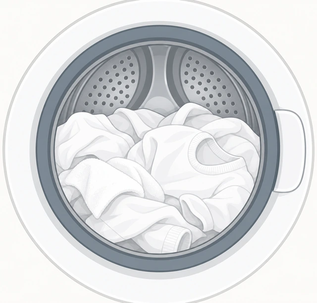 Illustration: washer drum loaded loosely with white clothes, roughly three-quarters full, items moving freely