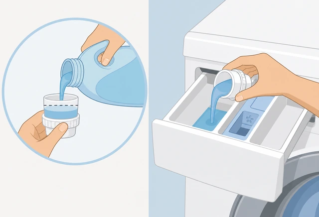 Illustration: detergent measured against a dosing line on the cap, then poured into the washer dispenser