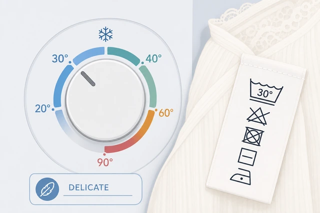 Illustration: washer temperature dial set to match the care label of the most delicate item in the load