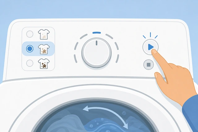 Illustration: washer control panel with a cycle selected based on soil level, machine starting to run
