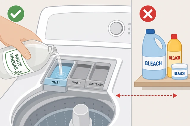 Illustration: white vinegar poured into the washer's rinse dispenser compartment, separate from any bleach