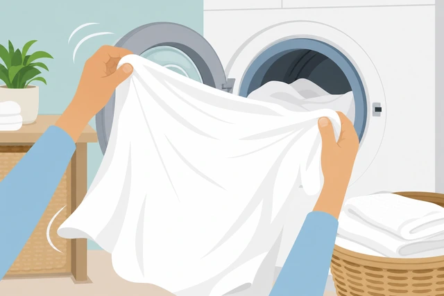 Illustration: hands pulling finished white laundry out of the washer promptly, shaking out wrinkles