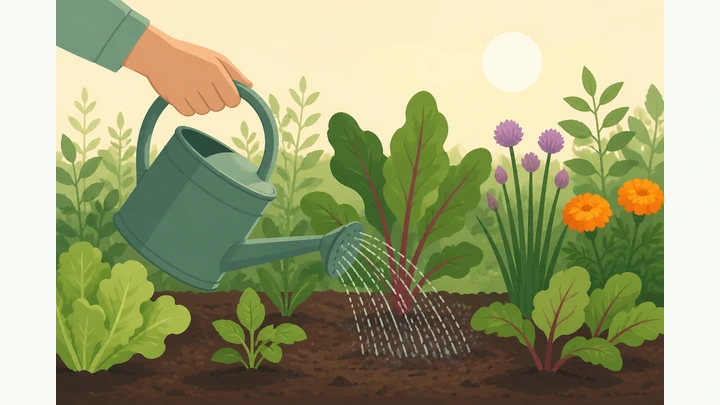 Illustration: person watering garden plants at soil level with a watering can in the morning light