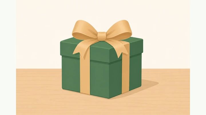 Illustration: neatly wrapped gift box with ribbon on a table