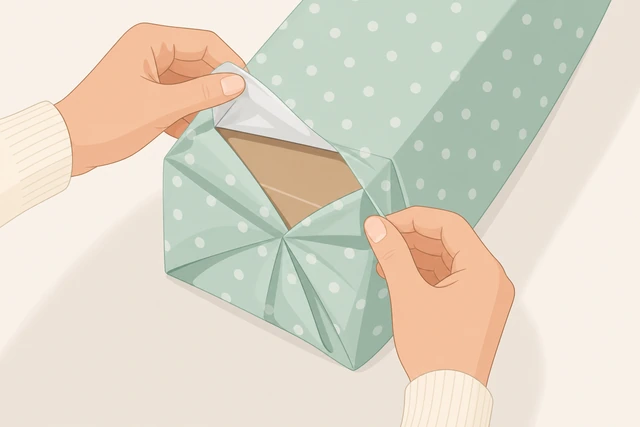 Illustration: reopening a puffy gift wrap end to refold