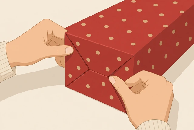 Illustration: creasing wrapping paper flaps sharply on gift end