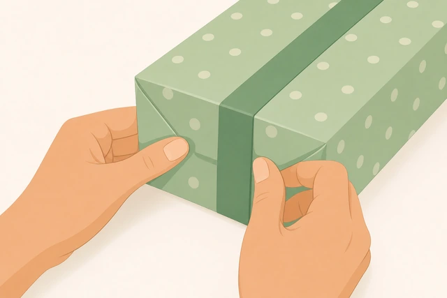Illustration: tucking side flaps tightly on wrapped gift end
