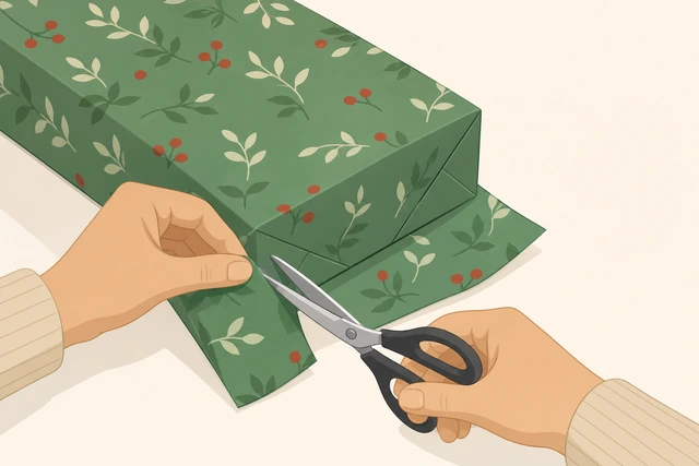 Illustration: trimming excess wrapping paper at a gift end