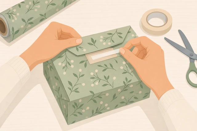 Illustration: using double-sided tape on gift wrap flap