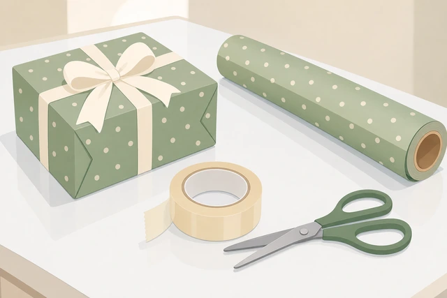 Illustration: gift box wrapping paper tape scissors on a clear table
