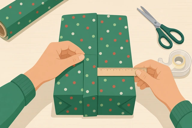 Illustration: re-measuring wrapping paper overlap on a gift