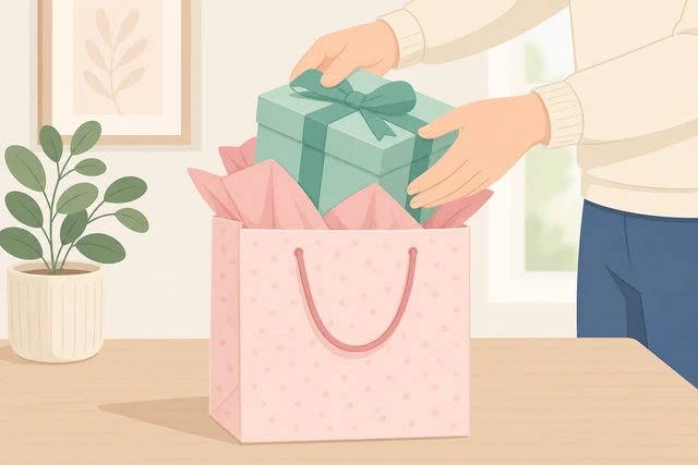 Illustration: placing a gift in a gift bag with tissue paper