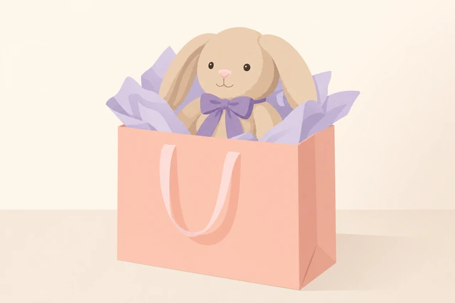 Illustration: soft gift in a gift bag with tissue paper