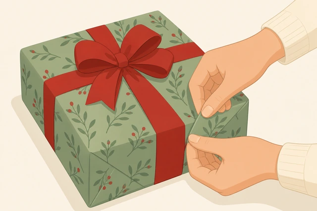 Illustration: fixing a loose corner flap on wrapped gift