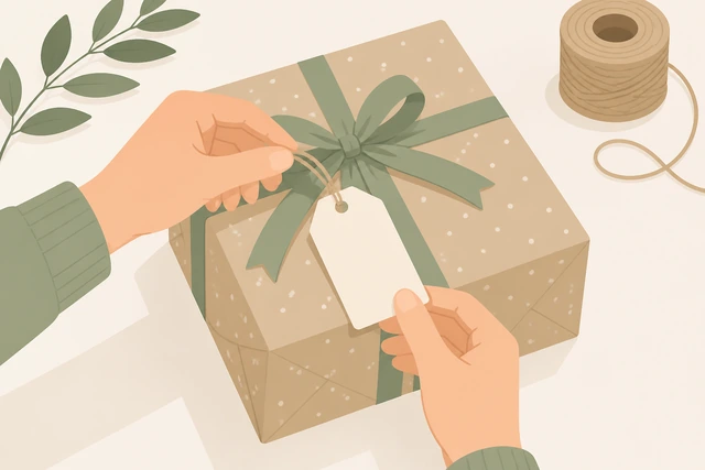 Illustration: attaching a gift tag to a wrapped present