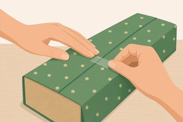 Illustration: taping the long seam of wrapping paper on a gift box