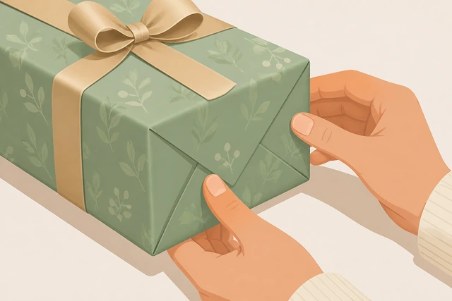 Illustration: envelope fold on one end of a wrapped gift