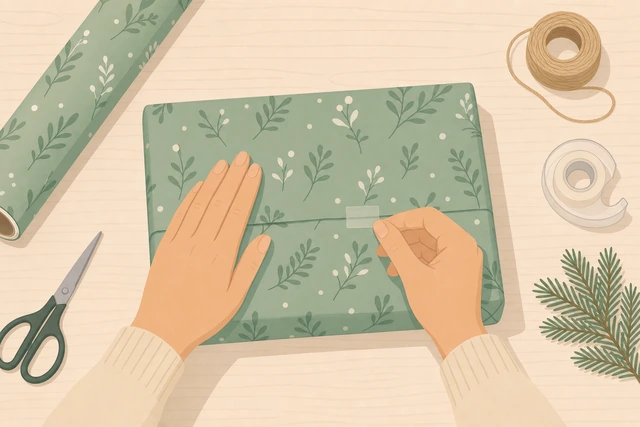 Illustration: smoothing wrapping paper and adding minimal tape