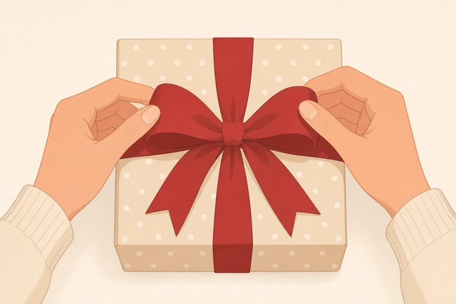 Illustration: tying a ribbon bow on a wrapped gift
