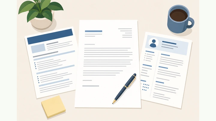 Illustration: finished one-page cover letter beside a job posting and resume
