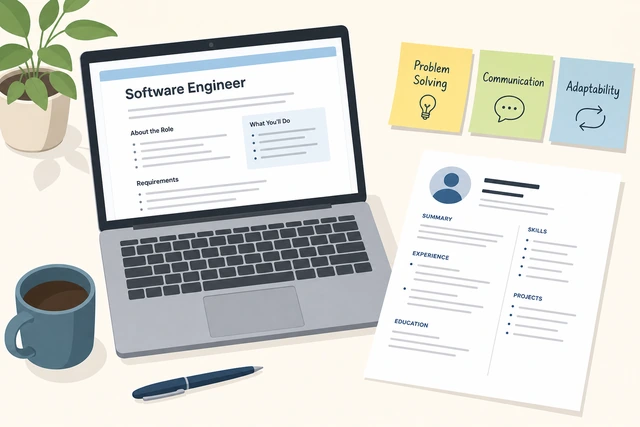 Illustration: job posting beside a resume with three required skills circled in notes
