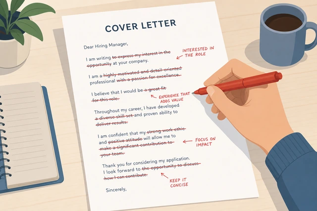 Illustration: editing a cover letter to cut clichés and resume rehash