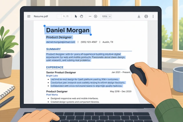 Illustration: highlighting selectable text in a resume PDF