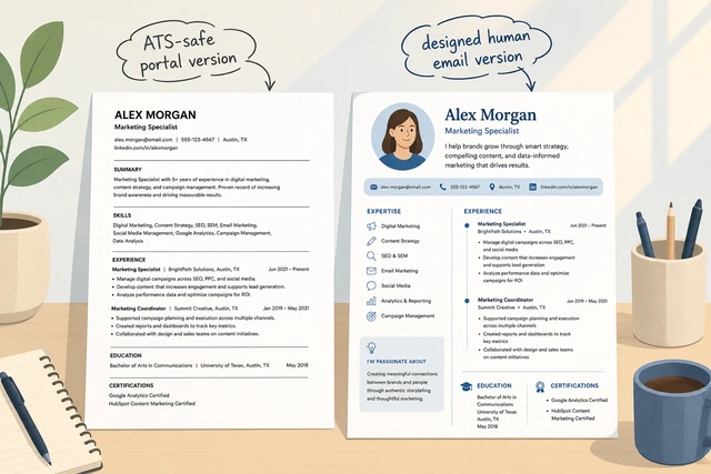 Illustration: two resume files ATS-safe and designed human version