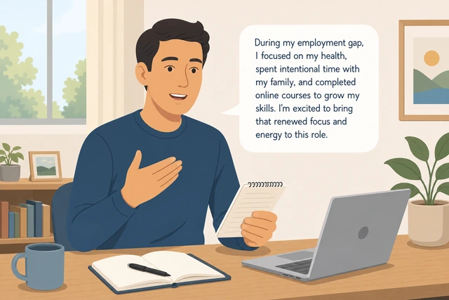 Illustration: practicing a short calm interview answer about an employment gap