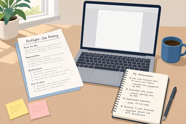 Illustration: job posting beside a blank resume document and notes of achievements