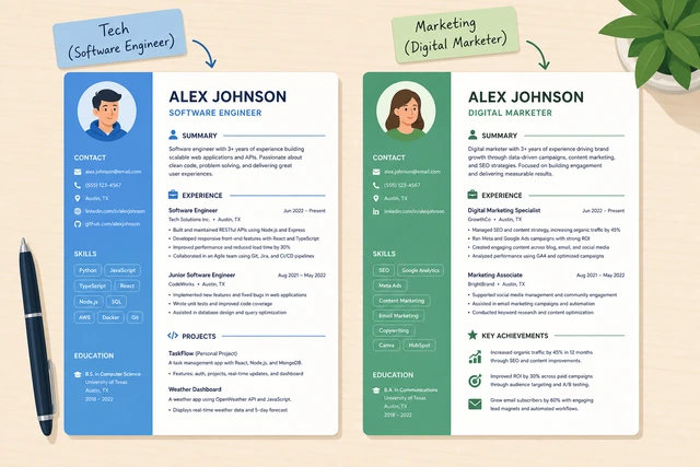 Illustration: two tailored resume versions for different job families