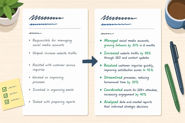 Illustration: transforming weak resume bullets into strong verb-result bullets