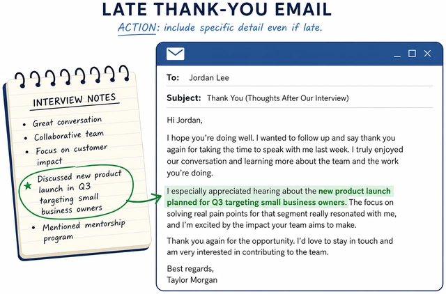 Illustration: late thank-you still citing one specific interview detail