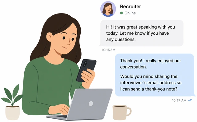 Illustration: messaging recruiter to request interviewer email for thank-you note